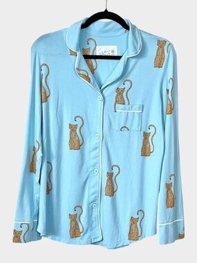 THE CAT’S PAJAMAS Blue Cat Print Pajama Top Medium Lounge Cute